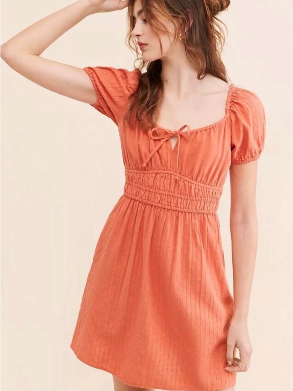 Madewell Orange Smocked Waist Short Sleeve Mini Dress